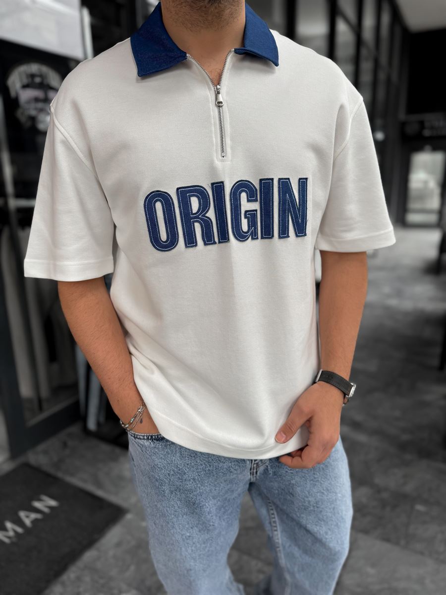 White Origin Patch Denim Collar T-Shirt RES-1095