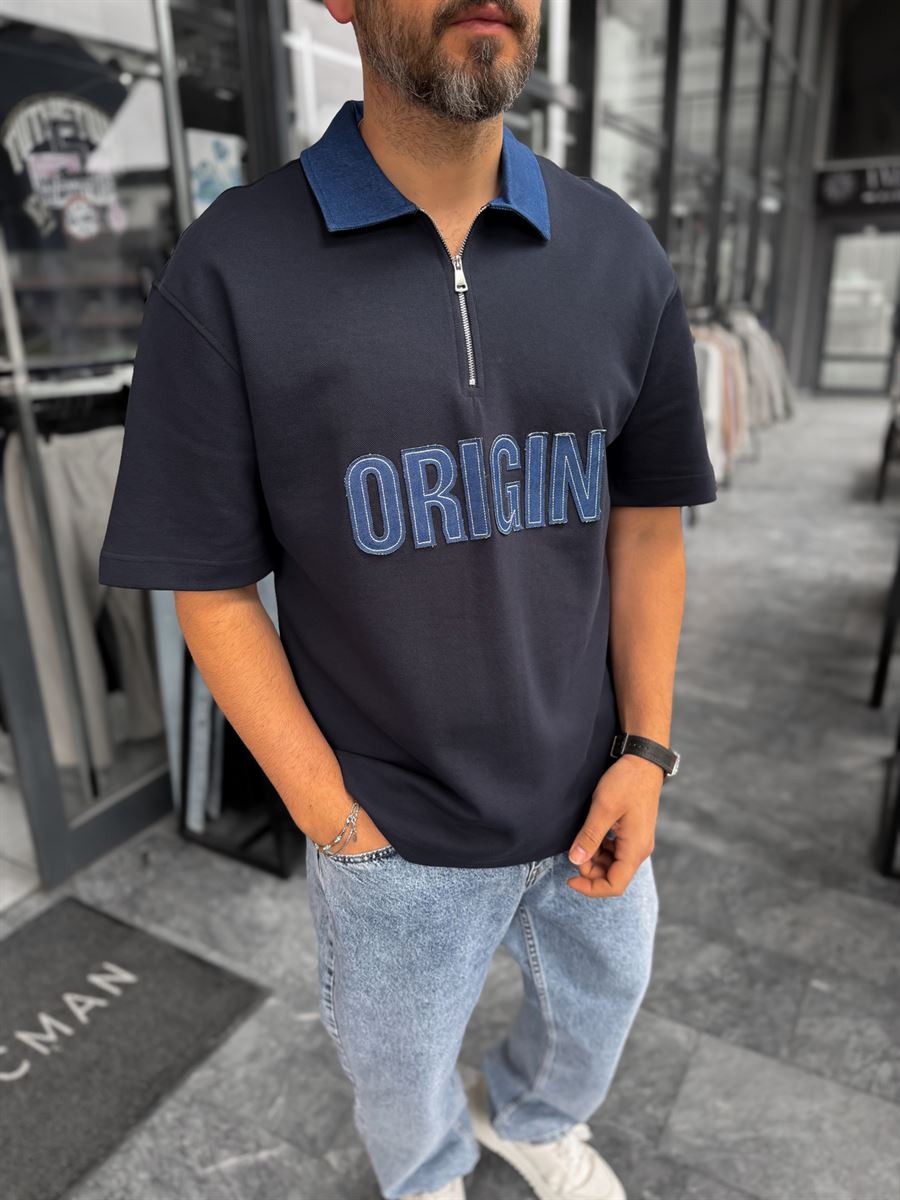 Navy Origin Patchwork Denim Collar T-Shirt RES-1095