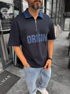 Navy Origin Patchwork Denim Collar T-Shirt RES-1095