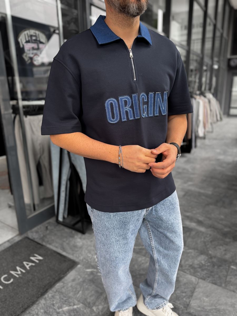 Navy Origin Patchwork Denim Collar T-Shirt RES-1095