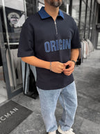Navy Origin Patchwork Denim Collar T-Shirt RES-1095