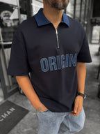 Navy Origin Patchwork Denim Collar T-Shirt RES-1095