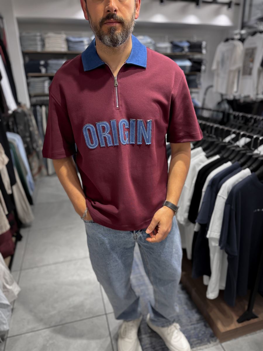 Claret Red Origin Patch Denim Collar T-Shirt RES-1095