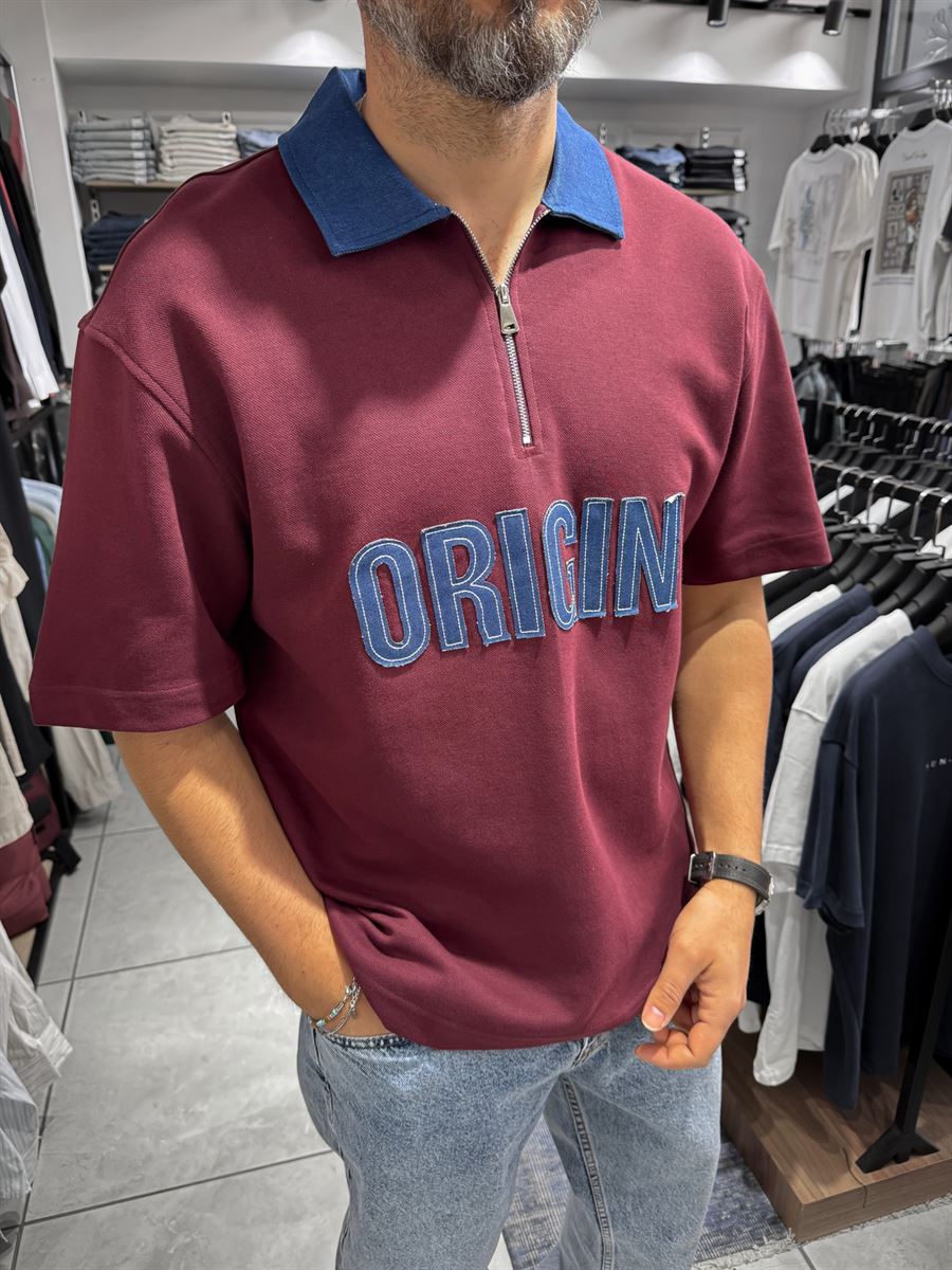 Claret Red Origin Patch Denim Collar T-Shirt RES-1095