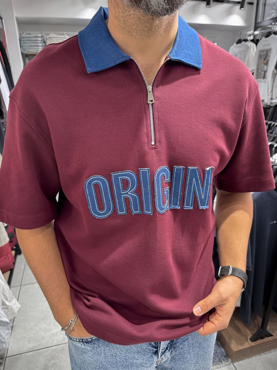Claret Red Origin Patch Denim Collar T-Shirt RES-1095