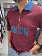 Claret Red Origin Patch Denim Collar T-Shirt RES-1095