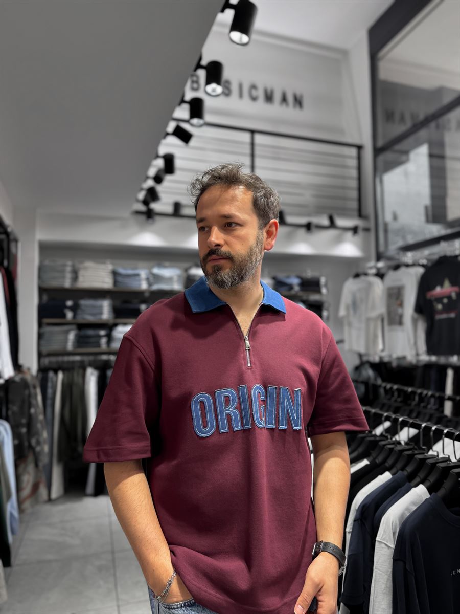 Claret Red Origin Patch Denim Collar T-Shirt RES-1095