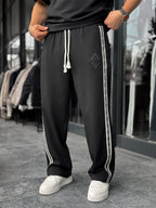 Black Patterned Striped Straight Leg Sweatpants RES-1075