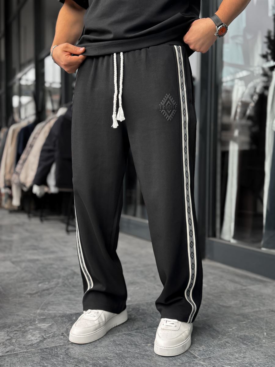 Black Patterned Striped Straight Leg Sweatpants RES-1075