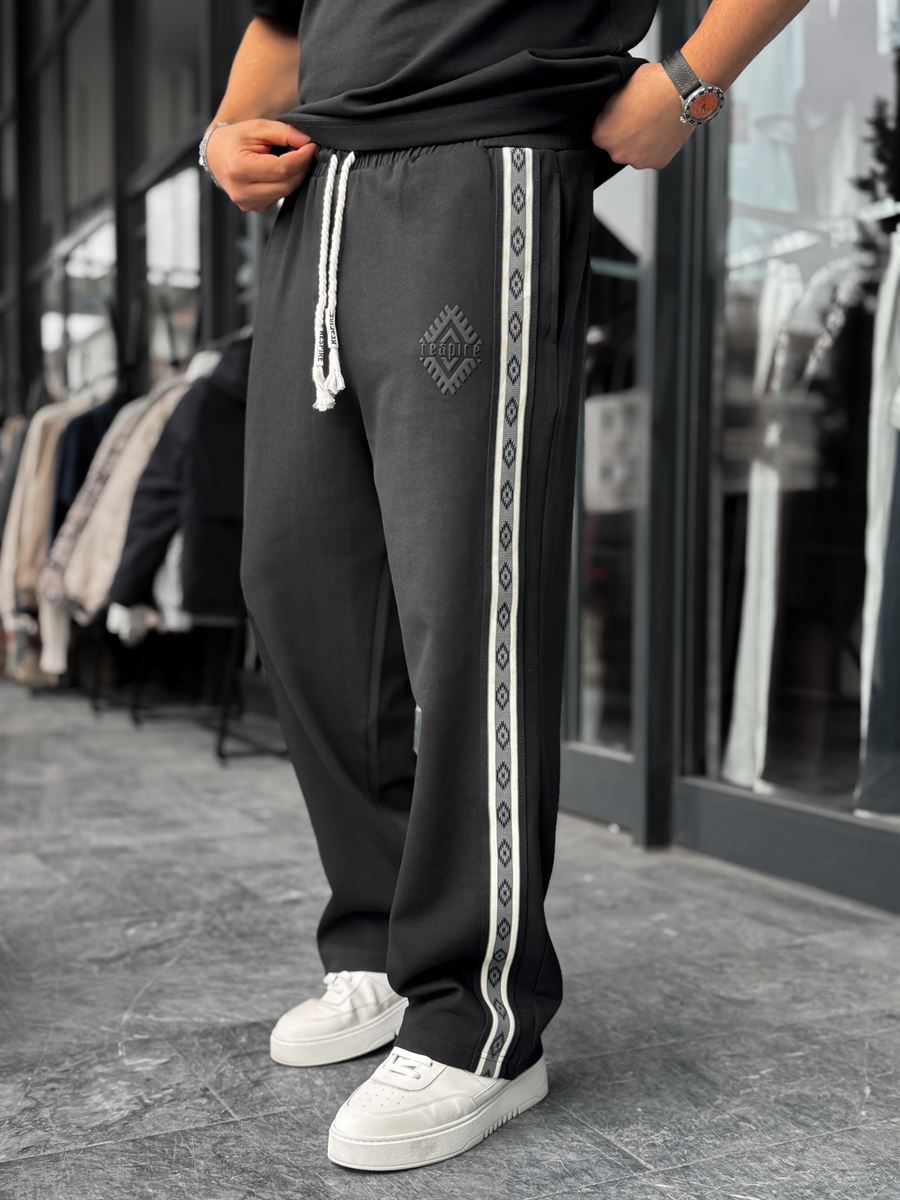 Black Patterned Striped Straight Leg Sweatpants RES-1075