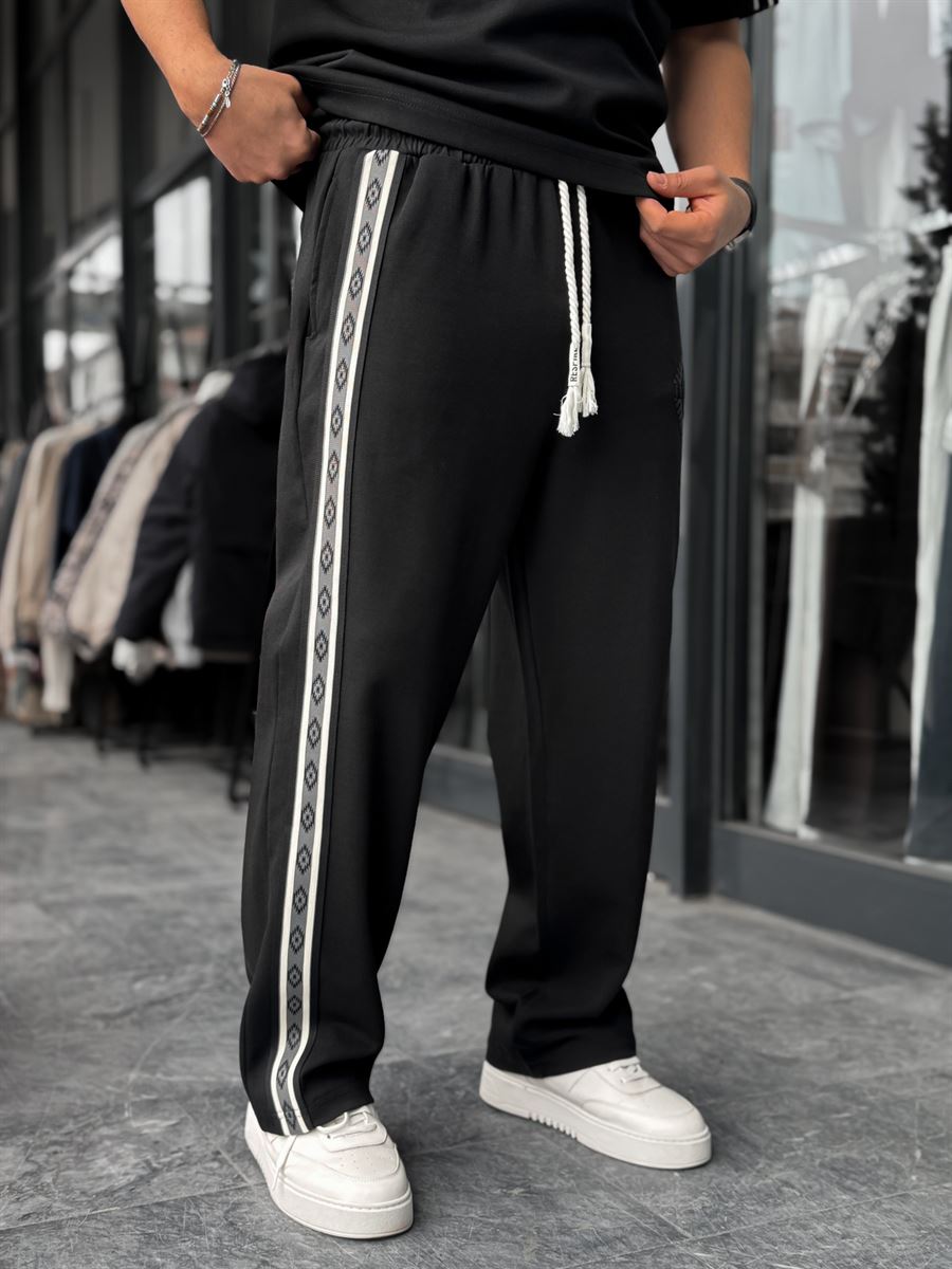 Black Patterned Striped Straight Leg Sweatpants RES-1075
