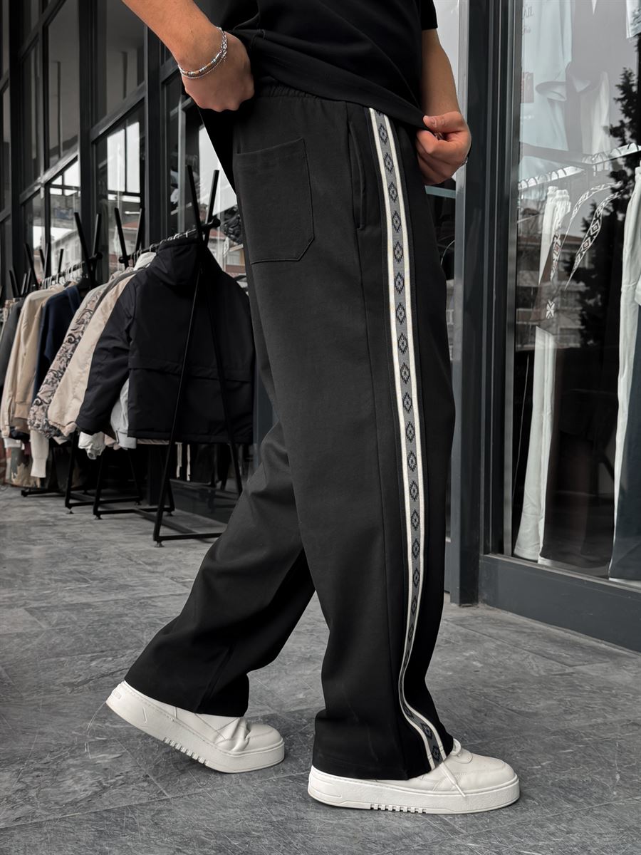 Black Patterned Striped Straight Leg Sweatpants RES-1075