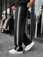 Black Patterned Striped Straight Leg Sweatpants RES-1075