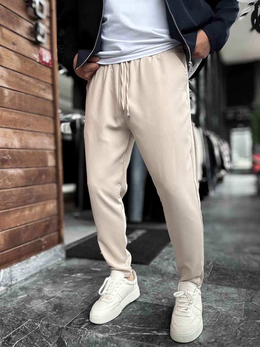 Beige Comfortable Trousers with Folded Hem LNS-23132