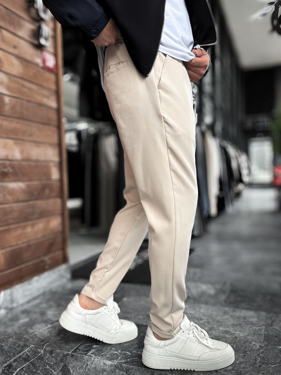 Beige Comfortable Trousers with Folded Hem LNS-23132