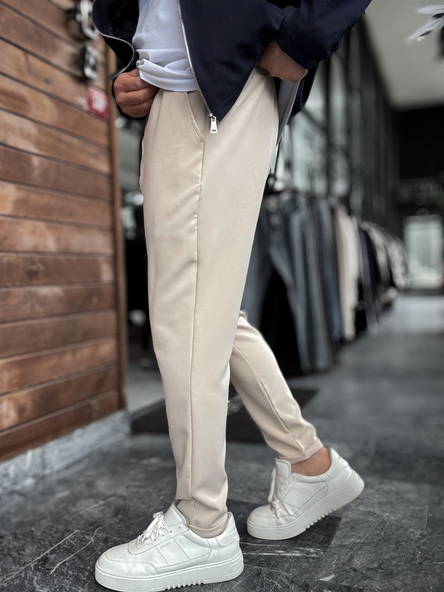 Beige Comfortable Trousers with Folded Hem LNS-23132