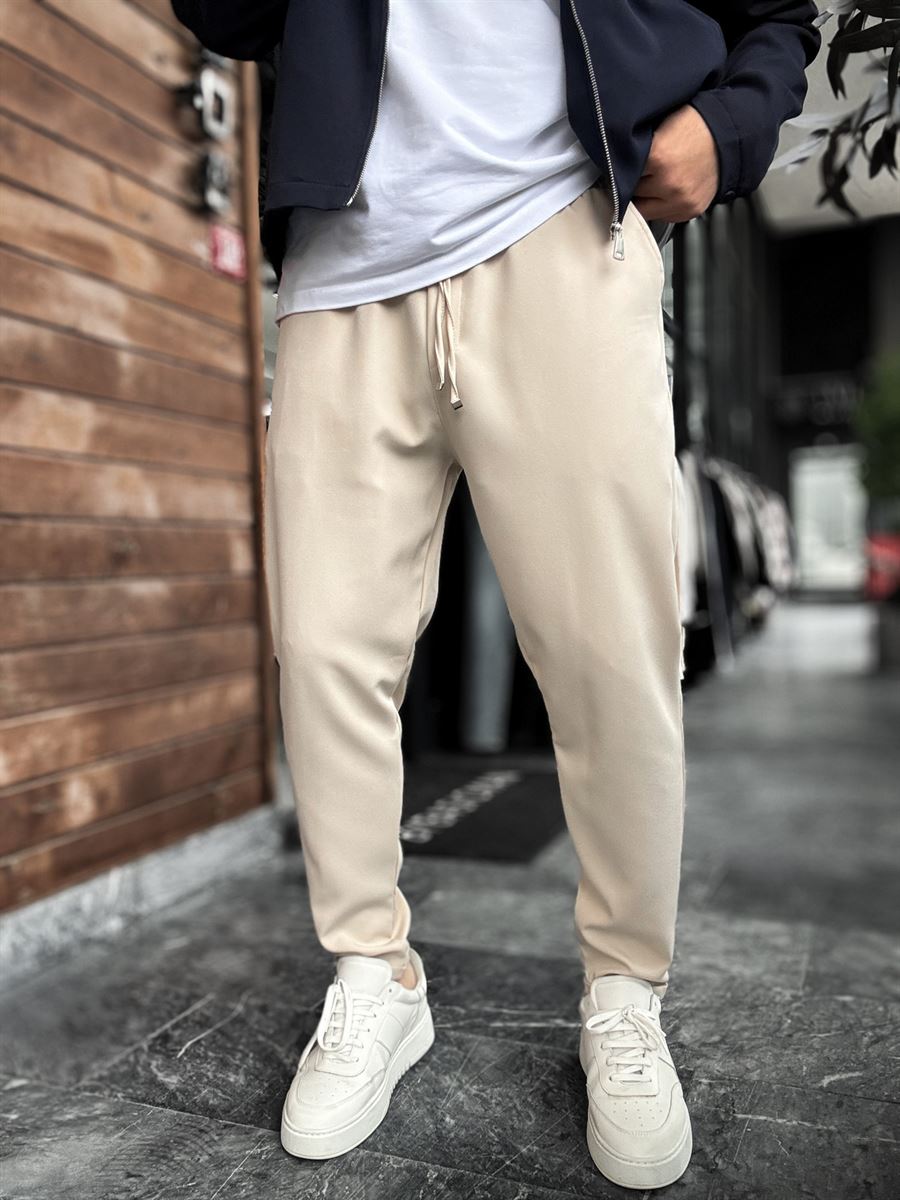 Beige Comfortable Trousers with Folded Hem LNS-23132