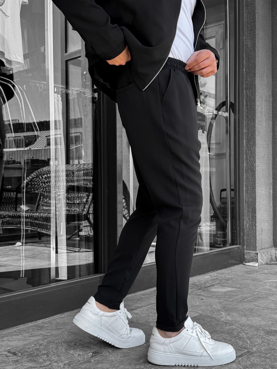 Black Comfortable Trousers with Folded Hem LNS-23132