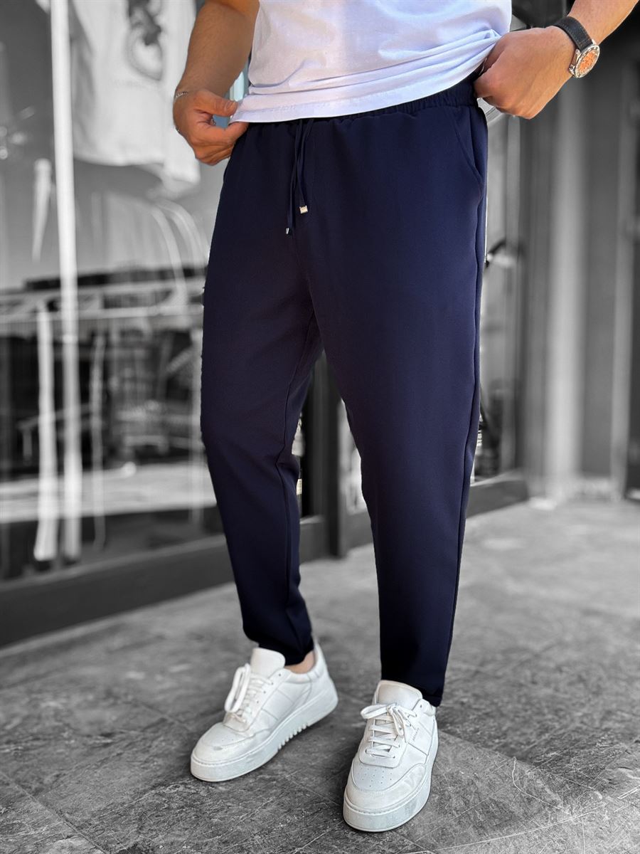 Navy Blue Comfortable Trousers with Folded Hem LNS-23132
