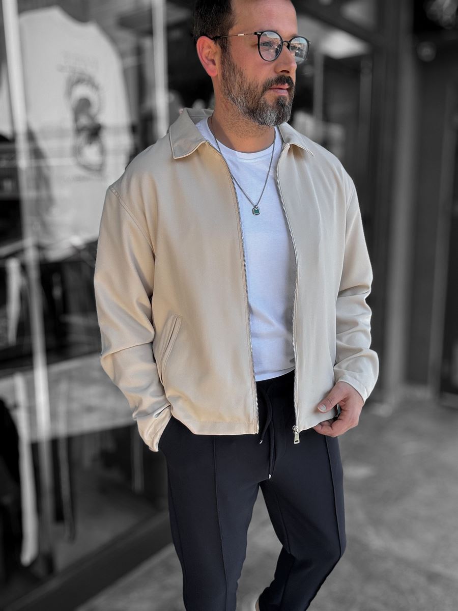 Beige Zip-Up Collar Jacket LNS-16256