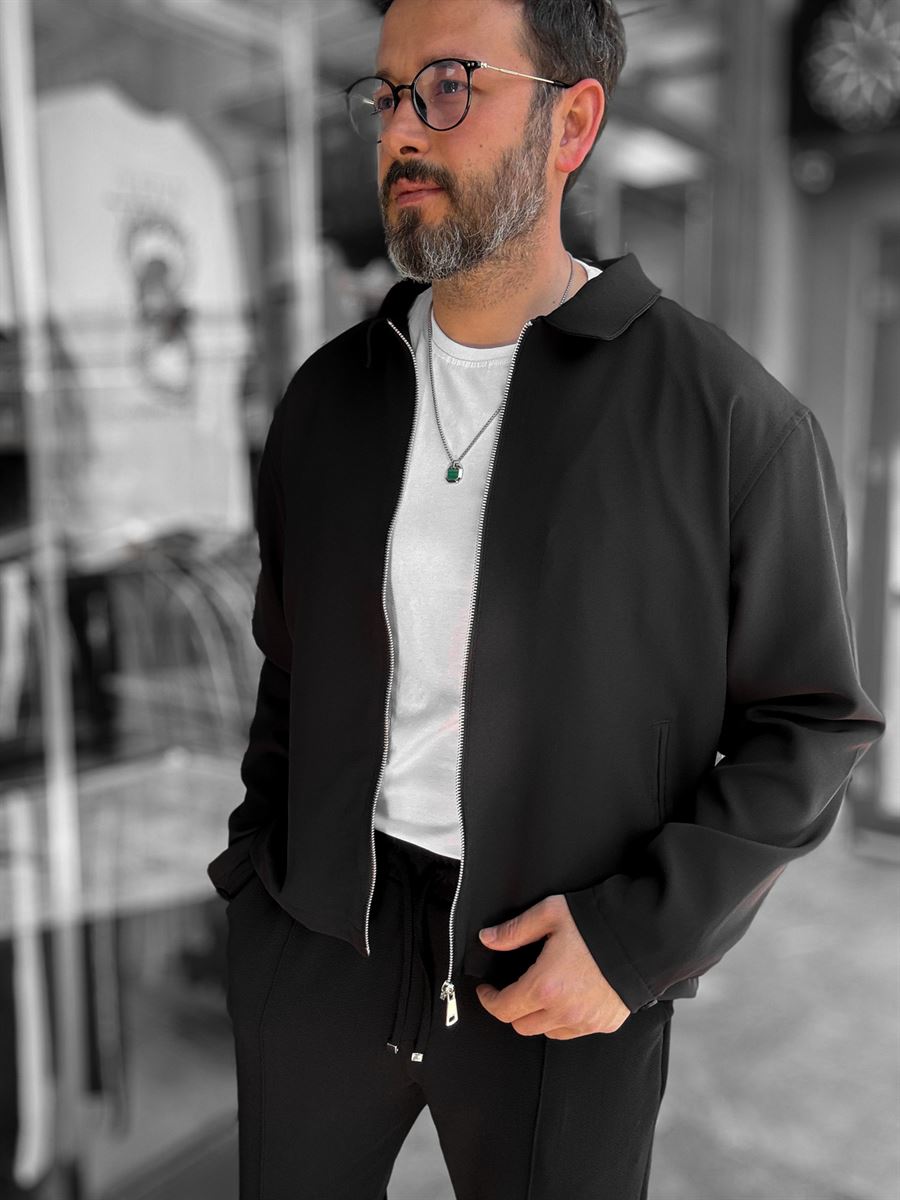 Black Zip-Up Collar Jacket LNS-16256