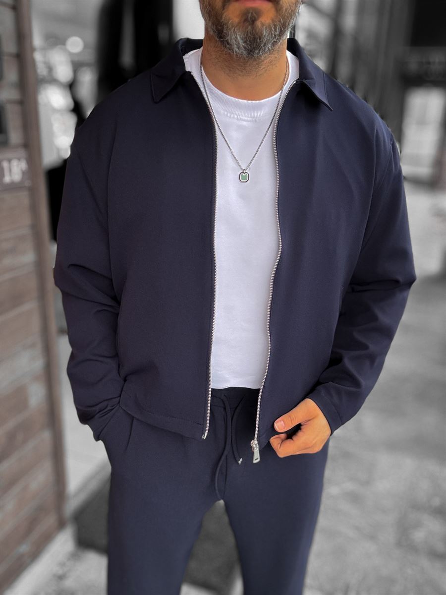 Navy Blue Zip-Up Collar Jacket LNS-16256