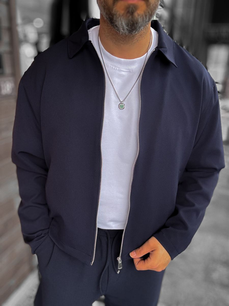 Navy Blue Zip-Up Collar Jacket LNS-16256