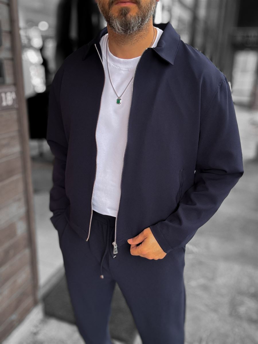 Navy Blue Zip-Up Collar Jacket LNS-16256