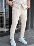 Beige Carrot Cut Stitch Trousers LNS-2078