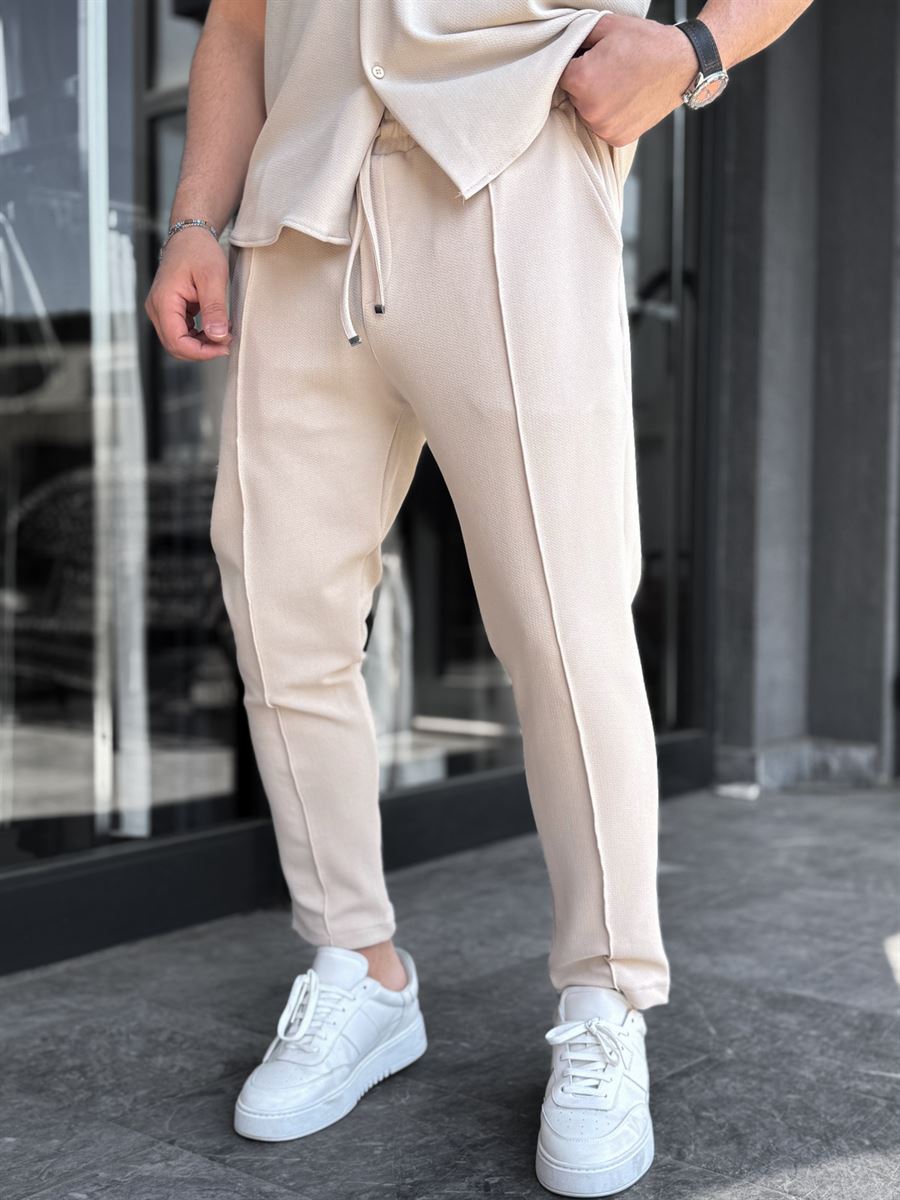 Beige Carrot Cut Stitch Trousers LNS-2078