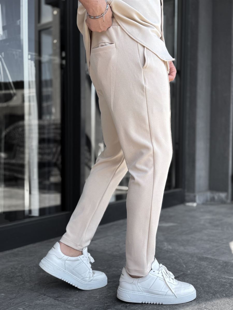 Beige Carrot Cut Stitch Trousers LNS-2078