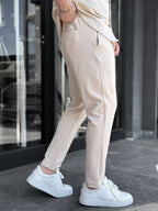 Beige Carrot Cut Stitch Trousers LNS-2078