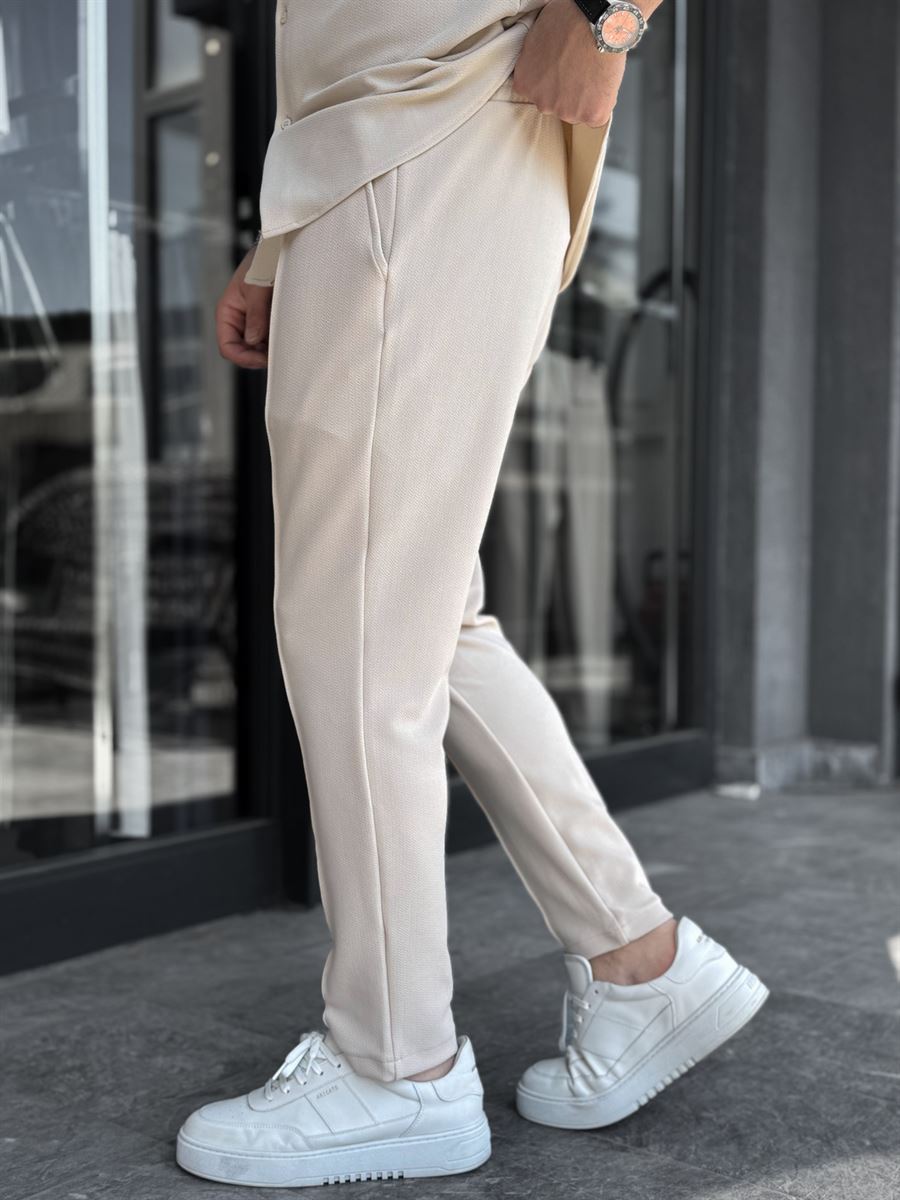 Beige Carrot Cut Stitch Trousers LNS-2078