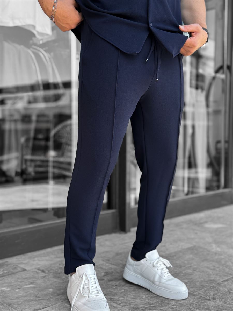 Navy Blue Carrot Cut Stitch Trousers LNS-2078