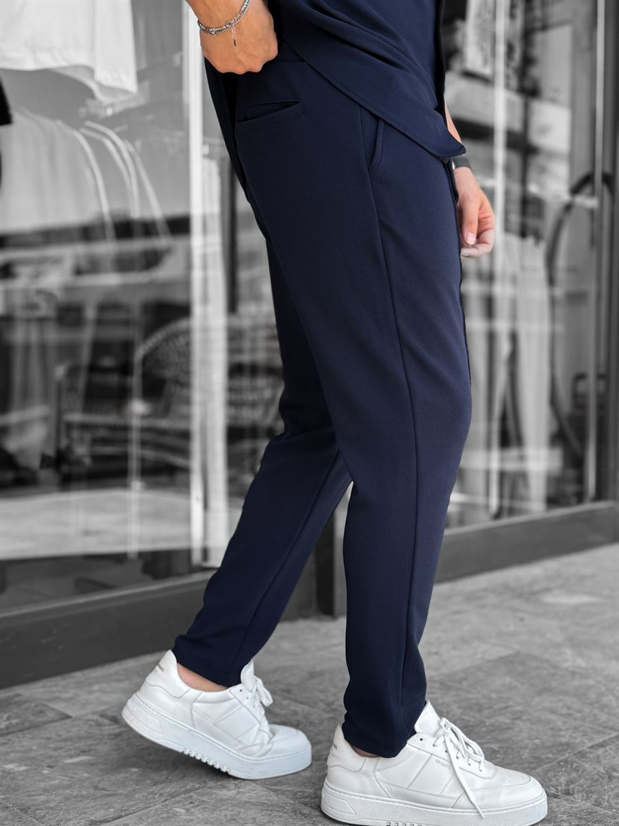 Navy Blue Carrot Cut Stitch Trousers LNS-2078