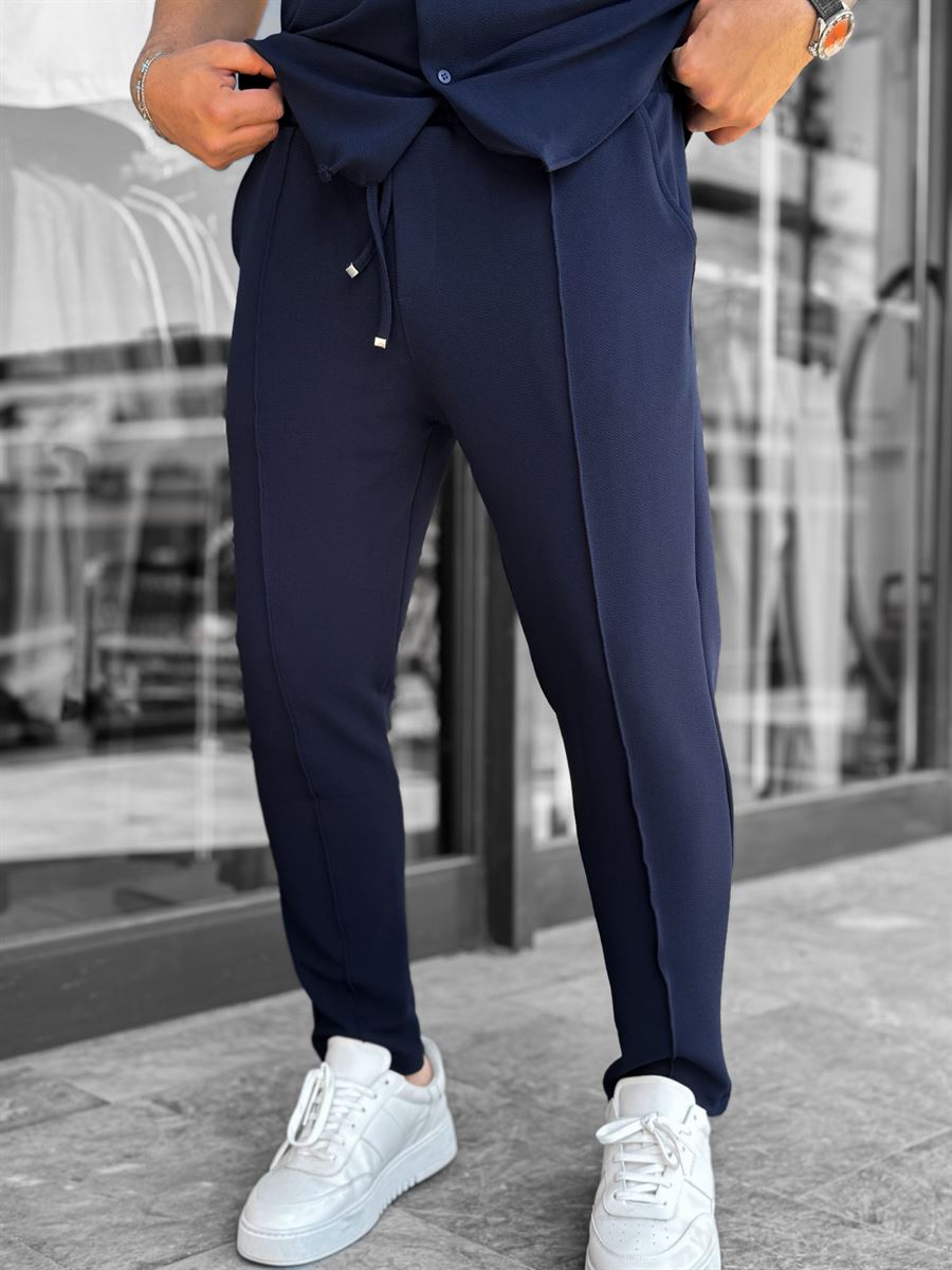 Navy Blue Carrot Cut Stitch Trousers LNS-2078