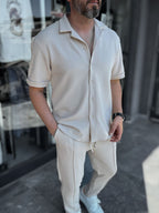 Beige Apache Collar Textured Shirt LNS-9200