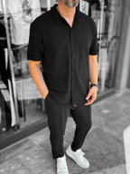 Black Apron Collar Textured Shirt LNS-9200