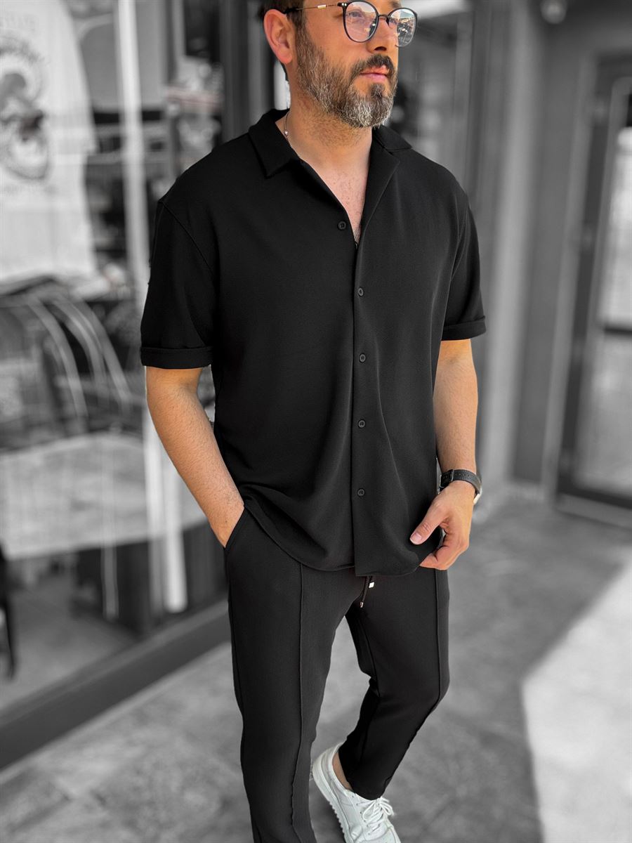 Black Apron Collar Textured Shirt LNS-9200
