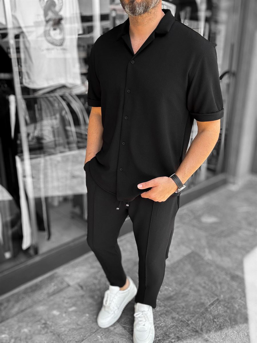 Black Apron Collar Textured Shirt LNS-9200
