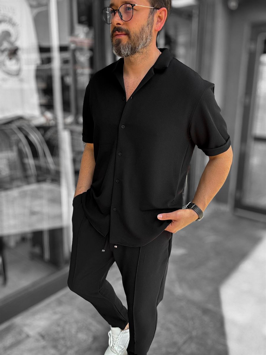 Black Apron Collar Textured Shirt LNS-9200