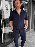 Navy Blue Textured Shirt with Apache Collar LNS-9200
