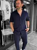 Navy Blue Textured Shirt with Apache Collar LNS-9200