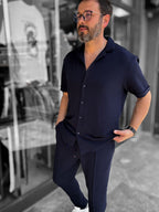 Navy Blue Textured Shirt with Apache Collar LNS-9200