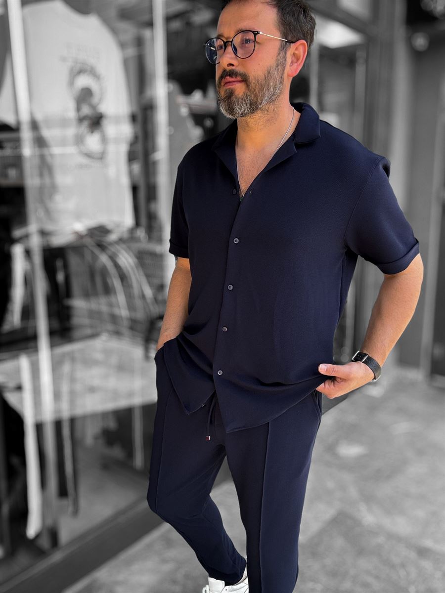 Navy Blue Textured Shirt with Apache Collar LNS-9200