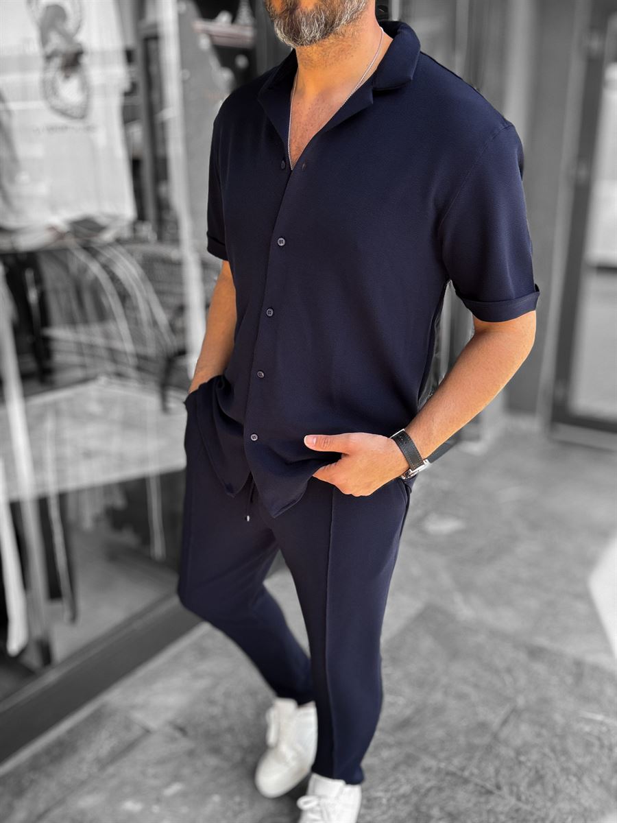 Navy Blue Textured Shirt with Apache Collar LNS-9200