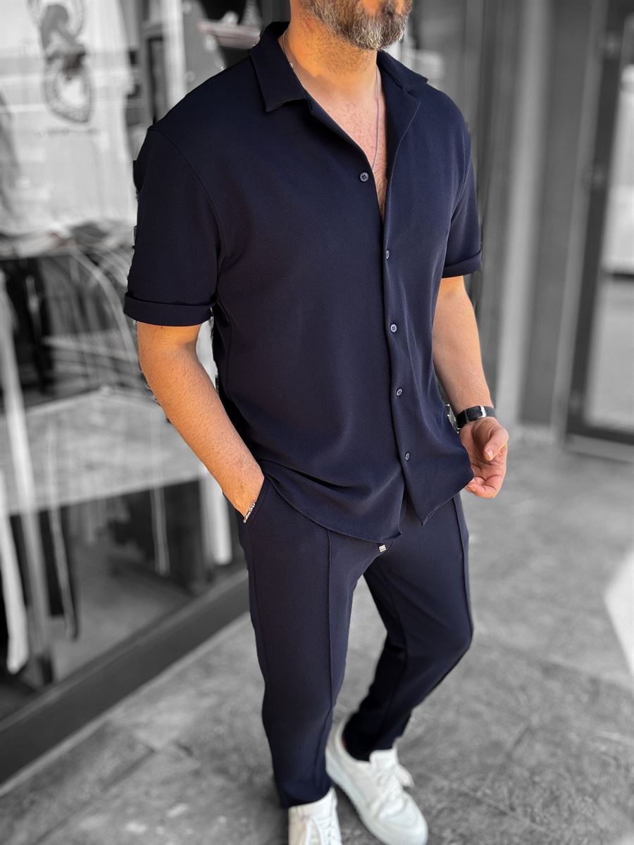 Navy Blue Textured Shirt with Apache Collar LNS-9200