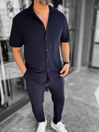Navy Blue Textured Shirt with Apache Collar LNS-9200