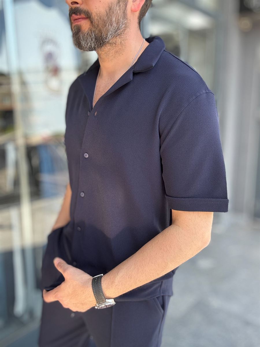 Navy Blue Textured Shirt with Apache Collar LNS-9200