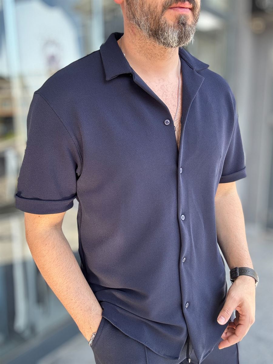 Navy Blue Textured Shirt with Apache Collar LNS-9200